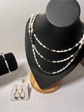 White & Black Beaded Layered Necklace Bracelet Earrings Set with Gold Accents